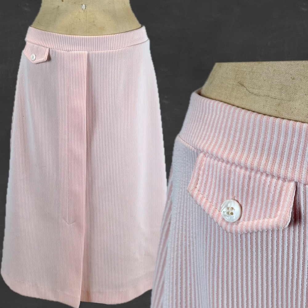 VINTAGE candy‎ stripe pastel pink ticking midi skirt textured button pocket 70s